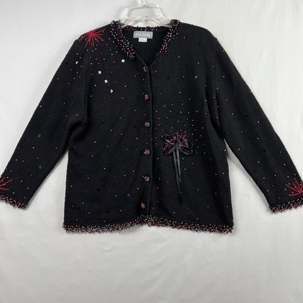 Ann Trinity Cardigan Sweater Large Beaded Black Celebration New Years